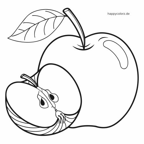 Ein ganzer Apfel neben einer aufgeschnittenen Apfelhälfte mit sichtbaren Kernen und einem kleinen Wurm in der Mitte.