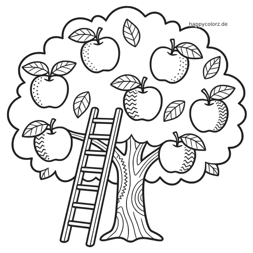 Ein einfacher Apfelbaum mit mehreren Äpfeln, einer angelehnten Leiter und runder Baumkrone in kräftiger schwarzer Kontur.