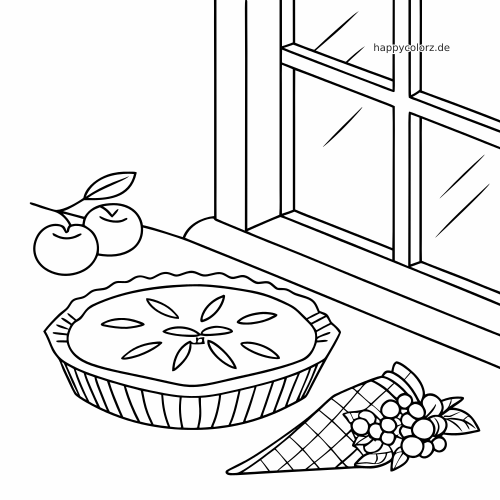 Ein einfacher Apfelkuchen kühlt auf dem Fensterbrett, daneben liegen zwei Äpfel und ein kleiner Blumenstrauß.