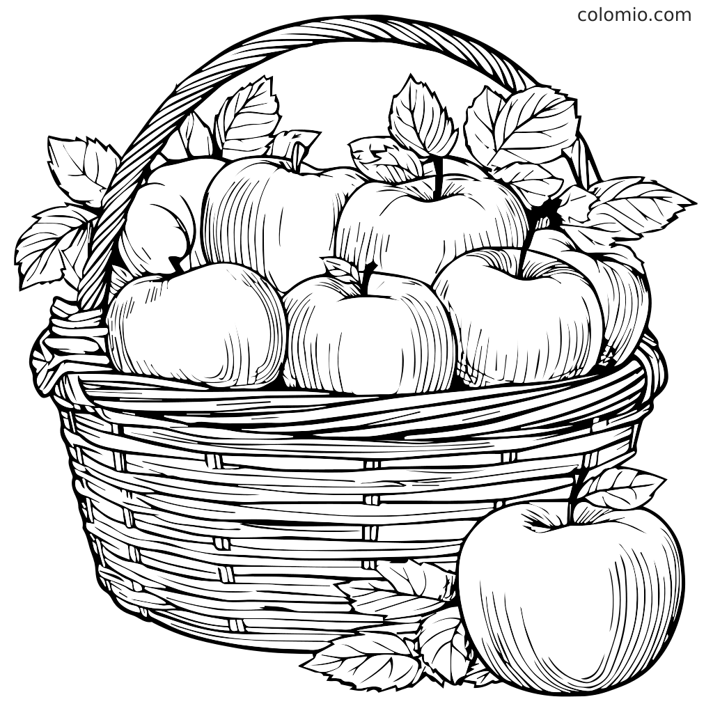 Eine detaillierte Schwarz-Weiß-Illustration eines Korbs voller Äpfel und Blätter, perfekt zum Ausmalen.