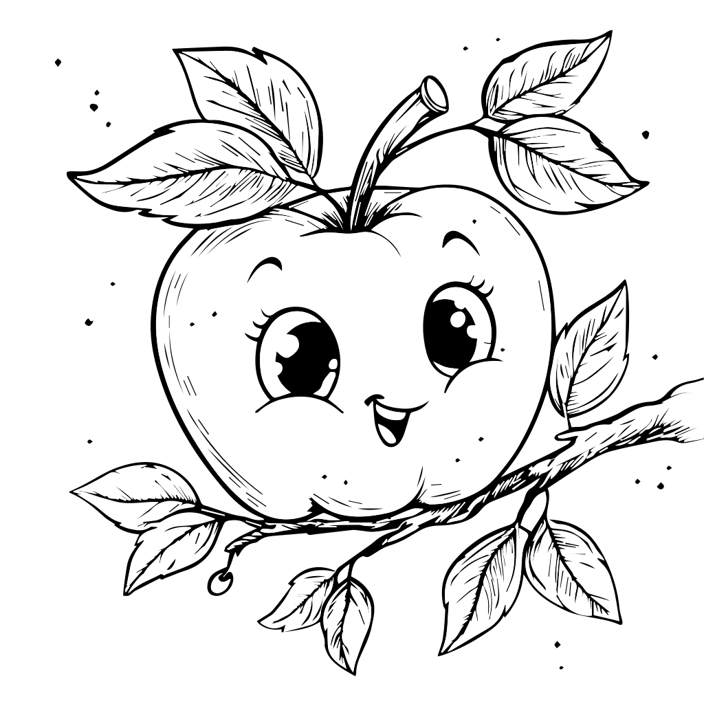 Ein glücklicher Cartoon-Apfel mit großen Augen und Blättern an einem Zweig, zum Ausmalen.