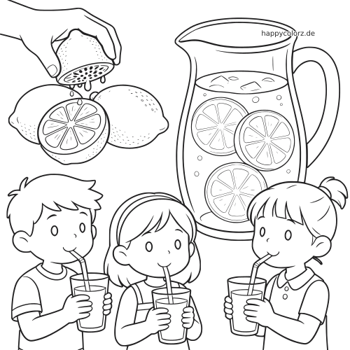 Schwarz-weiße Linienzeichnung von drei Kindern mit Gläsern und Strohhalmen, daneben Zitronen und ein Krug mit Limonade.