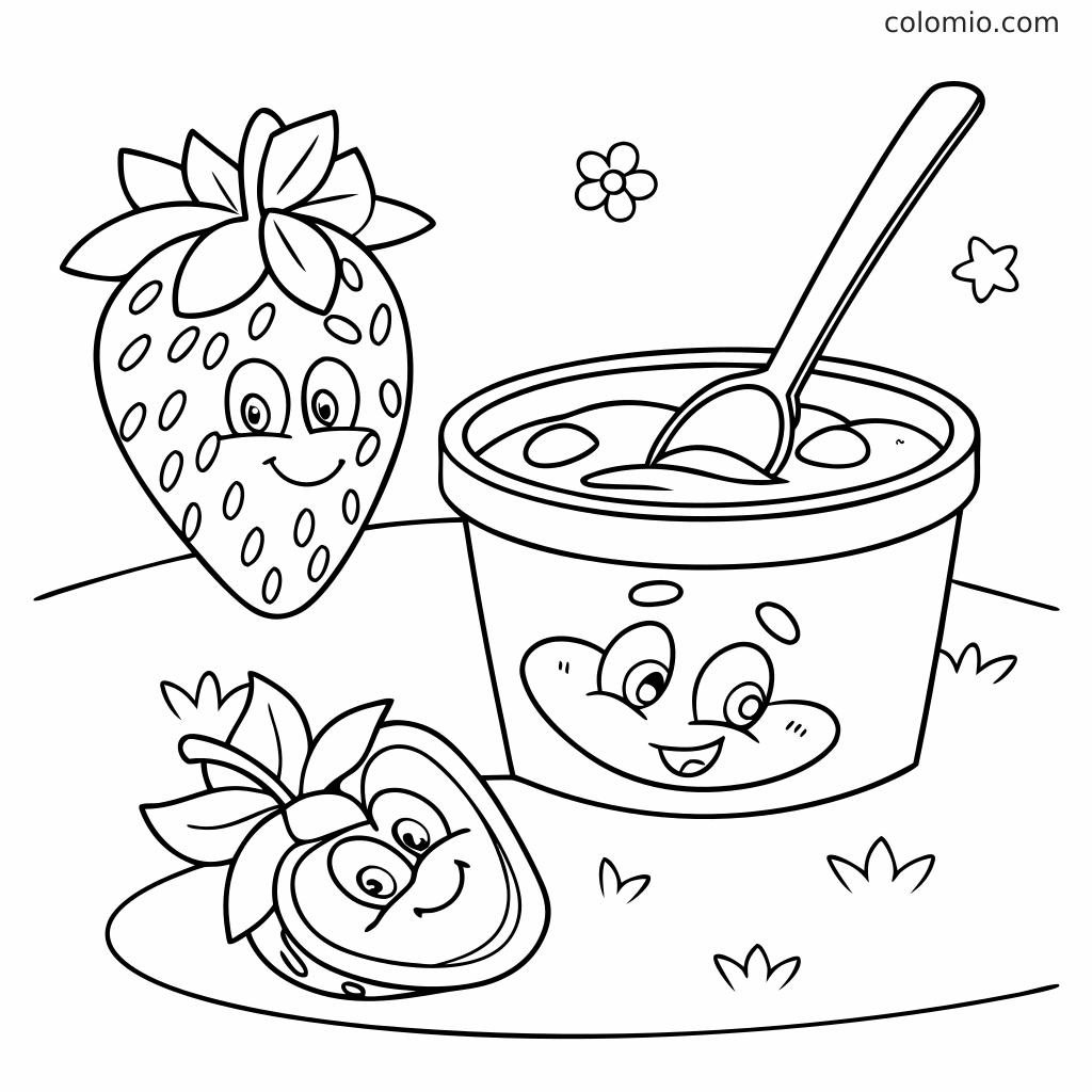 Ein Erdbeerjoghurtbecher mit einem Löffel steht neben einer ganzen Erdbeere und einer aufgeschnittenen Erdbeere auf einer einfachen Ausmalseite.
