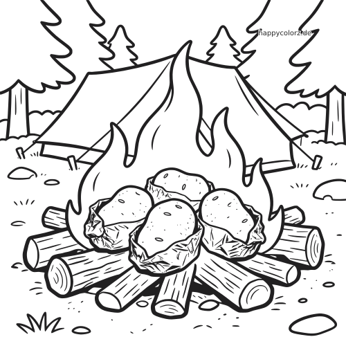 Schwarz-weißes Ausmalbild mit Folienkartoffeln über einem Lagerfeuer, davor ein Zelt und im Hintergrund Tannen.