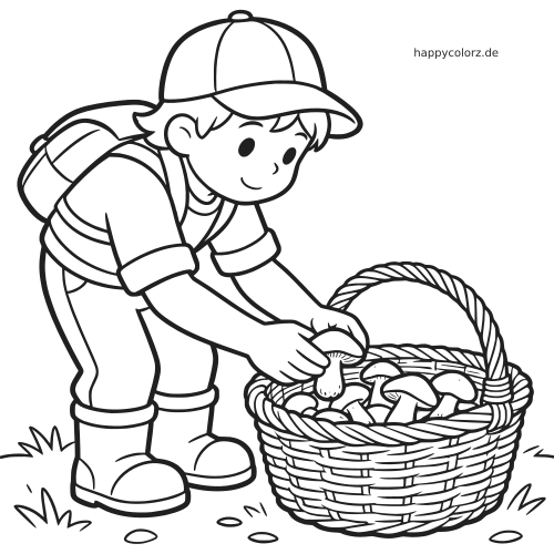 Ein Kind mit Rucksack und Kappe sammelt Pilze und legt sie in einen großen geflochtenen Korb.