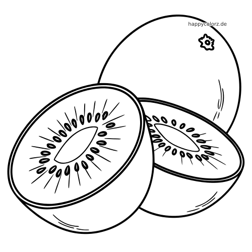 Einfache Linienzeichnung von zwei aufgeschnittenen Kiwi-Hälften mit Kernen vor einer ganzen Kiwi im Hintergrund.