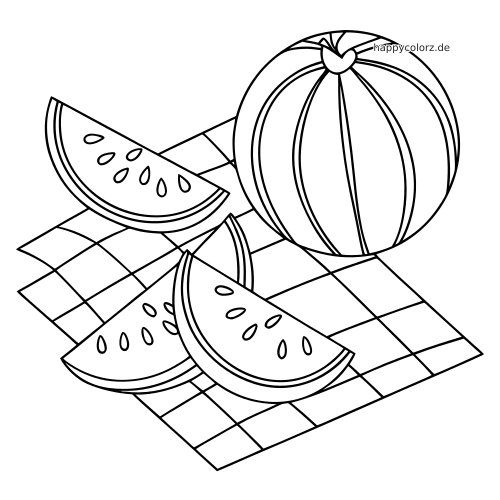 Schwarz-weißes Ausmalbild mit einer ganzen Wassermelone und mehreren Wassermelonenscheiben auf einer karierten Picknickdecke.