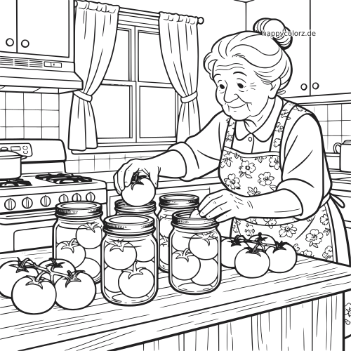 Schwarz-weiße Linienzeichnung einer Oma in der Küche, die Tomaten auf einem Tisch in Einmachgläser füllt.