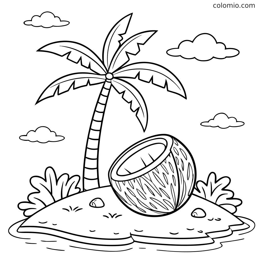 Eine Palme steht auf einer kleinen Insel mit einer Kokosnuss im Sand, umgeben von Wasser, Büschen und ein paar Wolken.