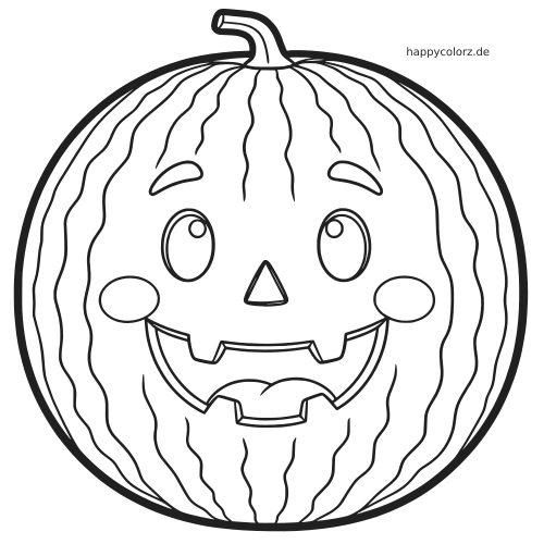 Eine Wassermelone in Frontalansicht mit geschnitztem, lachendem Gesicht und einfachen, kräftigen Umrissen für Kinder.