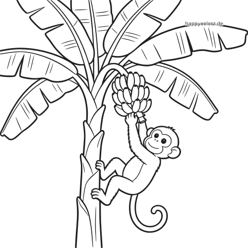 Ein Cartoon-Affe klettert an einer Bananenstaude hoch und greift unter großen Blättern nach einem Büschel Bananen.