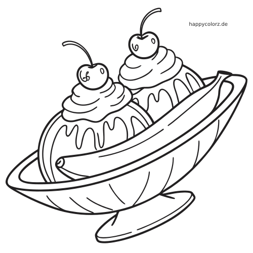 Ein einfaches Banana Split in einer Eisschale mit zwei Kugeln, Sahne, Soße und zwei Kirschen oben drauf.