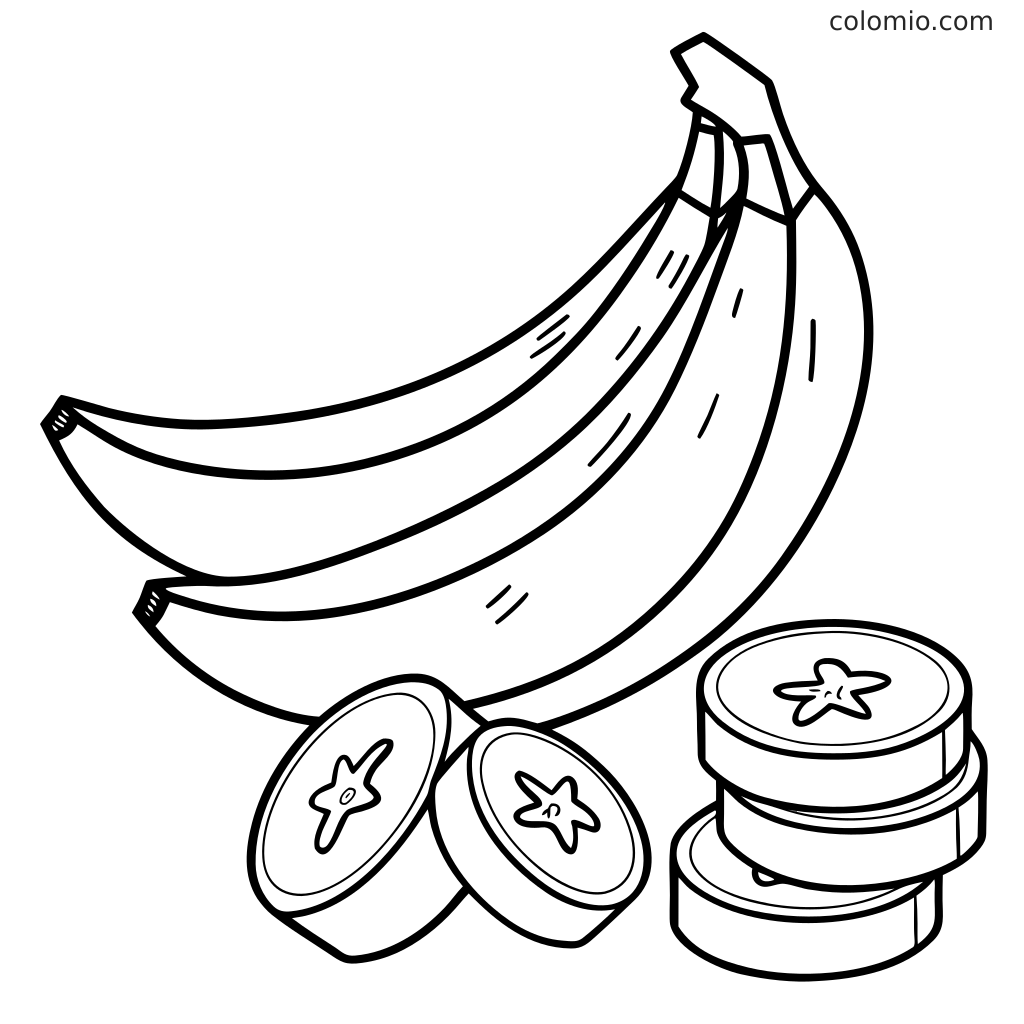 Ein Bananenbüschel mit zwei ganzen Bananen und mehreren Bananenscheiben in einer einfachen schwarz-weißen Ausmalbild-Umrisszeichnung.