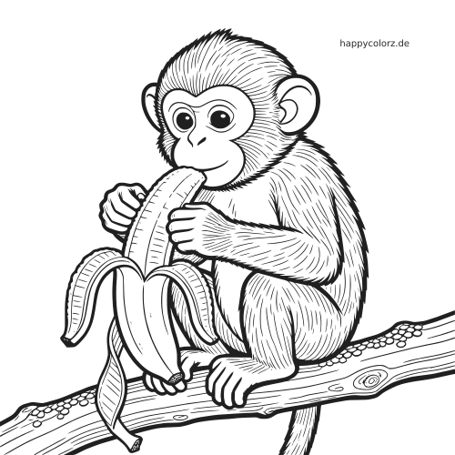 Ein detaillierter Affe sitzt auf einem Ast und schält eine große Banane in einer schwarz-weißen Linienzeichnung.