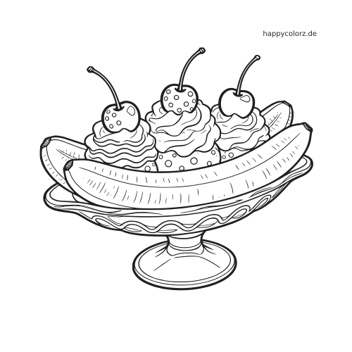 Ein detailreiches Bananensplit in einer Glasschale mit Bananenhälften, Eis, Sahne und drei Kirschen oben drauf.