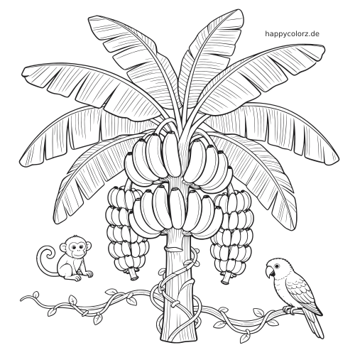 Eine detailreiche Bananenstaude mit großen Bananenbüscheln, breiten Blättern, einem Affen, einem Papagei und Ranken.