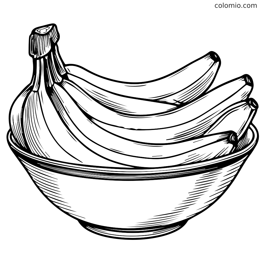 Eine Schwarz-Weiß-Illustration von Bananen in einer Schüssel, perfekt zum Ausmalen.