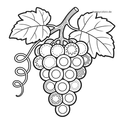 Eine detaillierte Weintraube am Rebstock mit zwei großen Blättern, geschwungenen Ranken und gemusterten Beeren in schwarzer Umrisszeichnung.