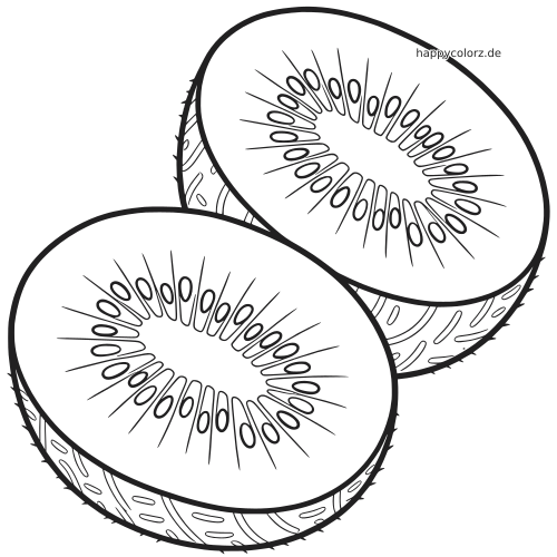 Zwei Kiwi-Hälften in einer detailreichen Nahaufnahme mit vielen Kernen und angedeuteter, leicht behaarter Schale.
