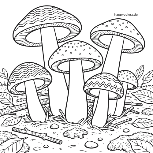 Schwarz-weißes Ausmalbild mit mehreren detailreichen Pilzen auf dem Waldboden, umgeben von Blättern, Zweigen, Moos und gemusterten Hüten.