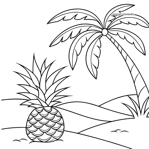 Eine einfache schwarz-weiße Ananas mit spitzen Blättern steht an einem tropischen Strand neben einer gebogenen Palme und Sandhügeln.