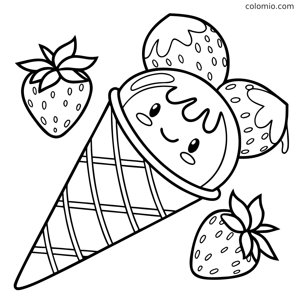 Eine Erdbeer-Eiswaffel mit einer lächelnden Kugel und mehreren Erdbeeren darum herum in einer einfachen schwarz-weißen Umrisszeichnung.