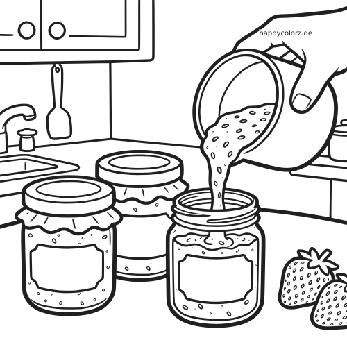 Schwarz-weiße Linienzeichnung von Erdbeermarmelade, die auf einem Küchentisch in Gläser gefüllt wird, neben frischen Erdbeeren.