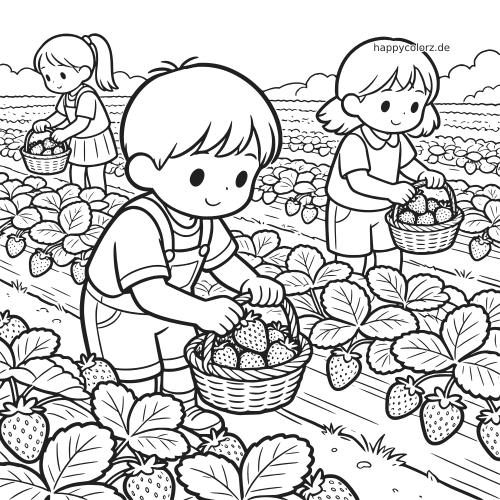 Schwarz-weiße Zeichnung von drei Kindern, die auf einem Erdbeerfeld Erdbeeren pflücken und Körbe damit füllen.