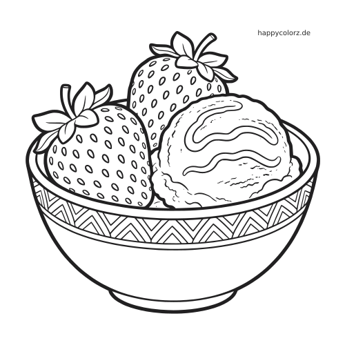 Eine Schale mit zwei großen Erdbeeren und einer Kugel Eis, gezeichnet in klaren schwarzen Umrissen mit gemustertem Rand.