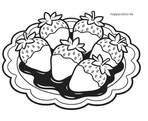 Schwarz-weißes Ausmalbild mit mehreren in Schokolade getauchten Erdbeeren auf einer dekorativen Servierplatte.