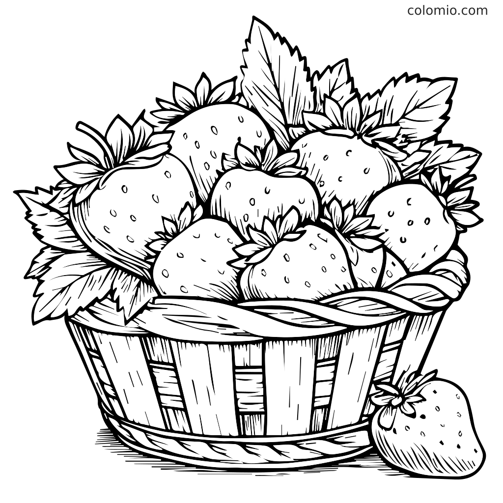 Eine detaillierte Schwarz-Weiß-Illustration eines Korbs voller frischer Erdbeeren und Blätter, perfekt zum Ausmalen.