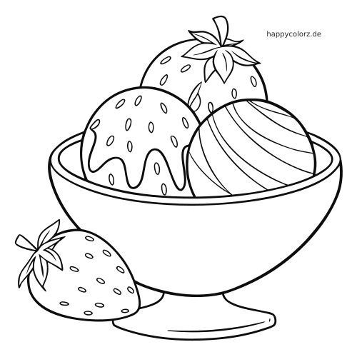 Ein Eisbecher mit drei Kugeln und Erdbeeren, darunter eine Erdbeere vor der Schale, mit klaren dicken Umrissen.