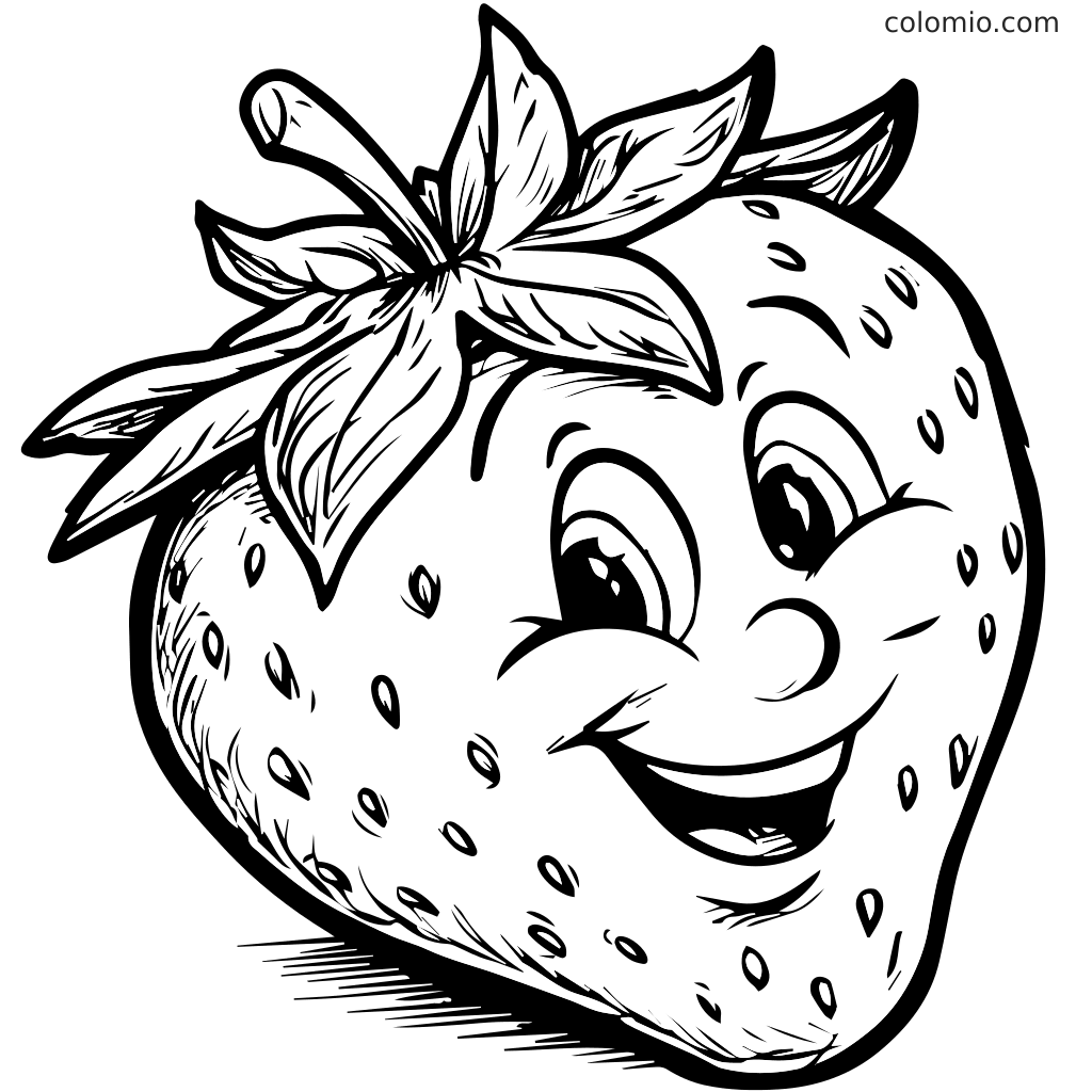 Eine lächelnde Cartoon-Erdbeere mit einem blättrigen Oberteil, gestaltet für Ausmalaktivitäten.