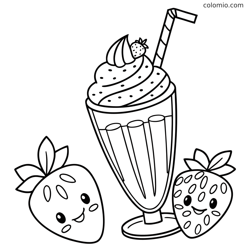 Ein lustiges Ausmalbild mit einem Erdbeer-Milchshake und lächelnden Erdbeeren.