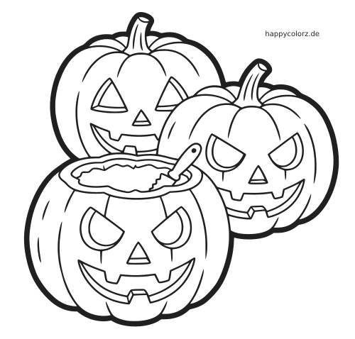 Drei geschnitzte Halloween-Kürbisse mit Gesichtern, dazu eine Schüssel mit Kürbisfleisch und ein Schnitzmesser als Lineart.