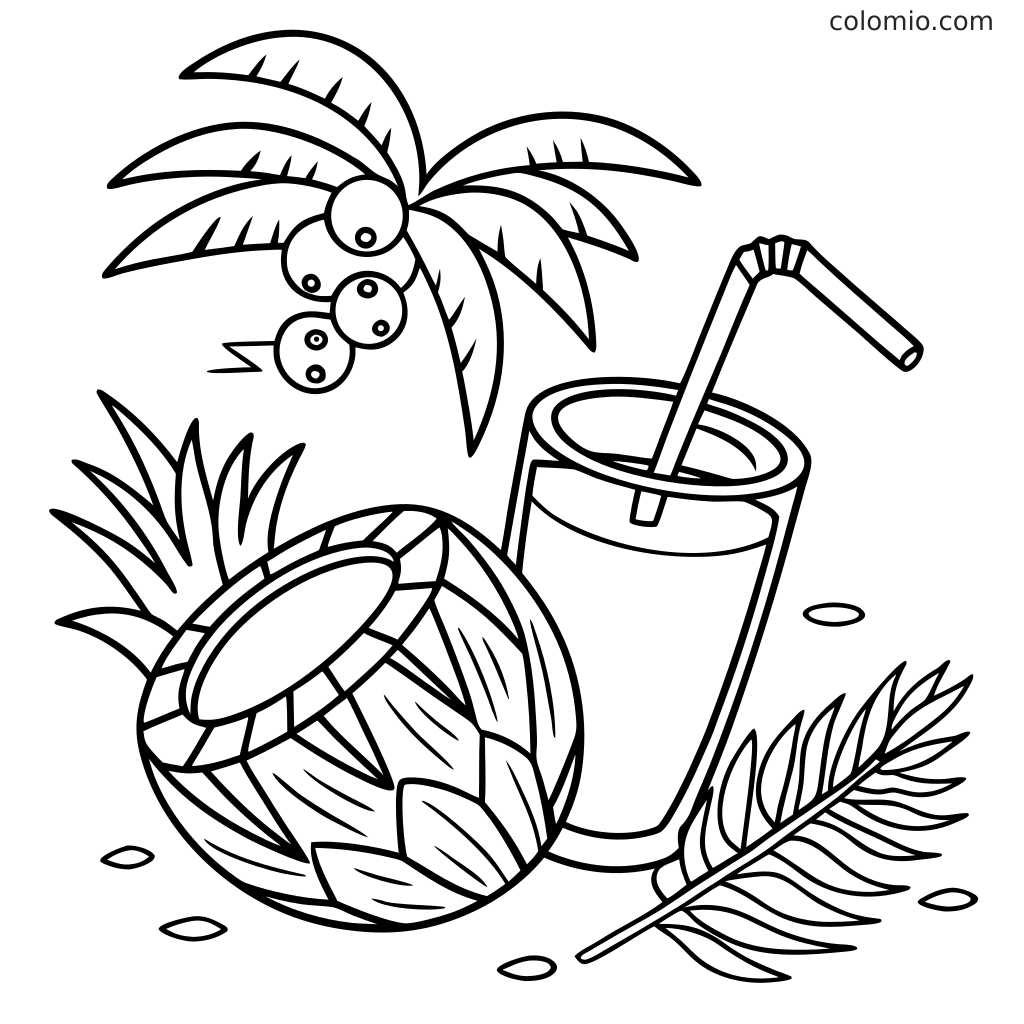 Ausmalbild mit einem Kokosgetränk im Glas mit Strohhalm, einer ganzen Kokosnuss, Palmblättern und einer kleinen Palme.