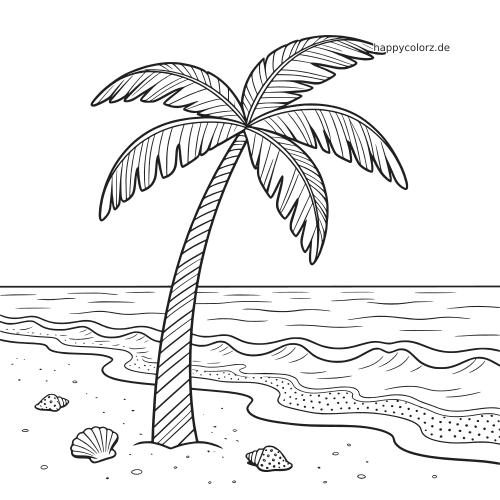 Eine detailreiche Kokospalme steht an einem tropischen Strand mit Meereswellen, Muscheln und geschwungener Küstenlinie.