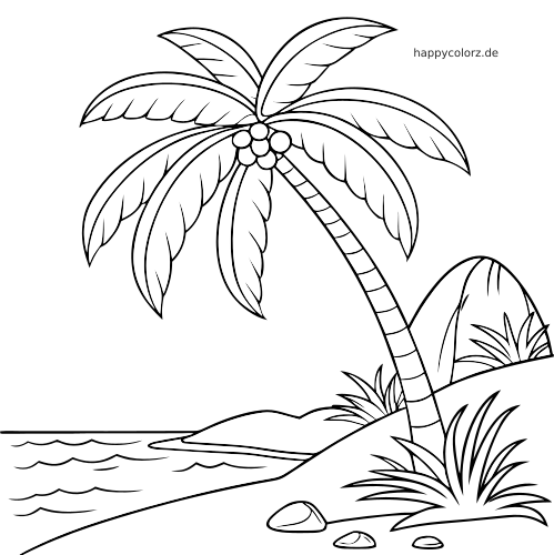 Eine einfache Kokospalme mit Kokosnüssen neigt sich über einen Inselstrand mit Gras, Felsen und ruhigem Wasser.