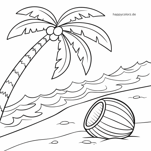 Eine einfache Strandszene mit einer Kokosnusshälfte im Sand, Meereswellen im Hintergrund und einer schrägen Palme.