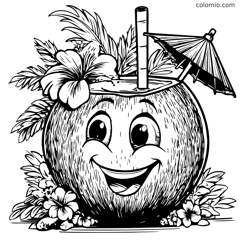 Ein fröhlicher Kokosnussdrink mit einem Strohhalm und Schirm, umgeben von tropischen Blumen und Blättern zum Ausmalen.