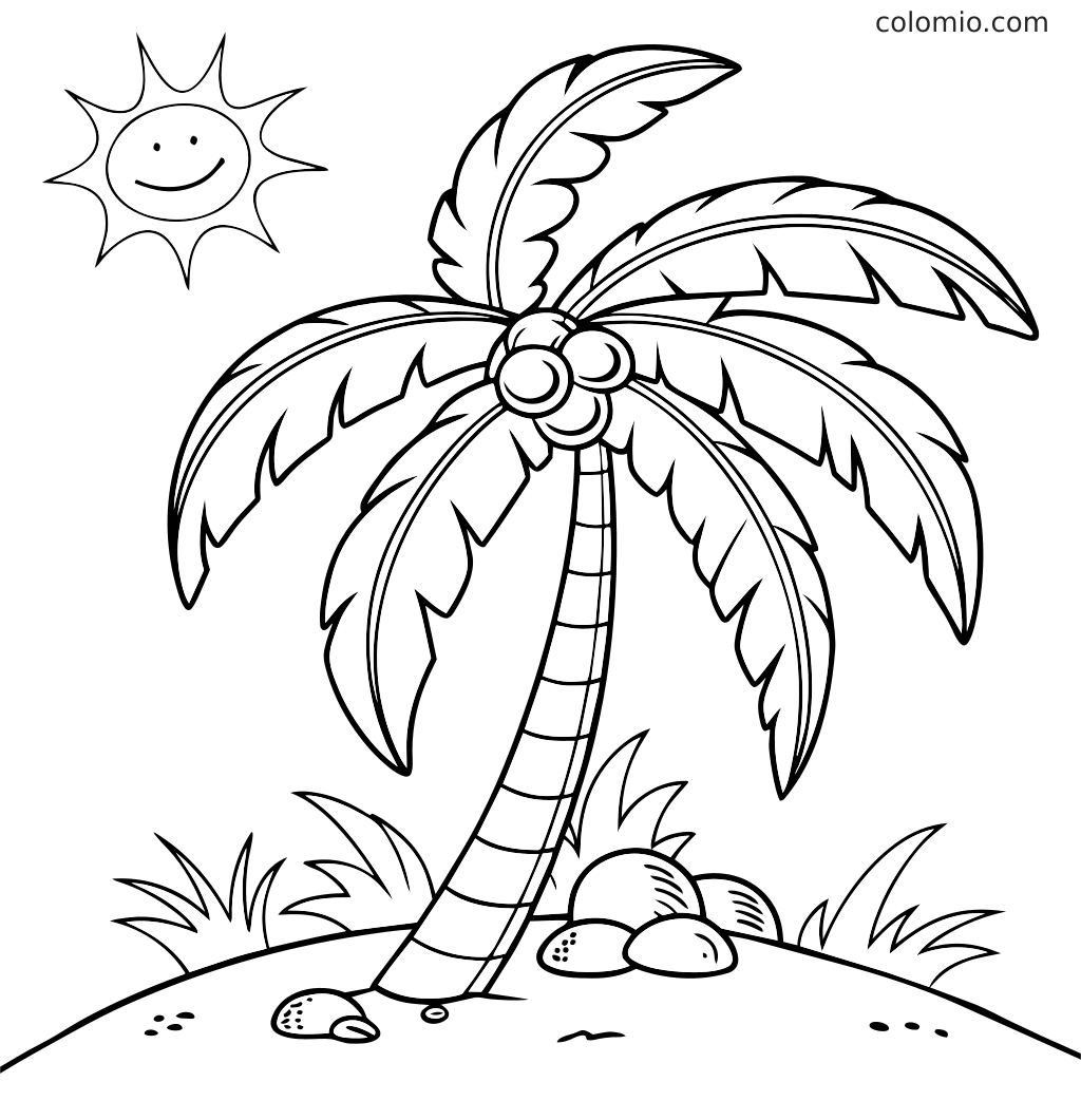 Ein Palmen-Ausmalbild mit gebogenem Stamm, großen Blättern, Kokosnüssen, Gras, Steinen und einer lächelnden Sonne darüber.