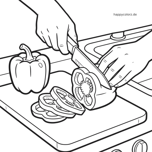 Schwarz-weiße Linienzeichnung von Händen, die eine Paprika auf einem Schneidebrett in Scheiben schneiden, daneben liegt eine ganze Paprika.