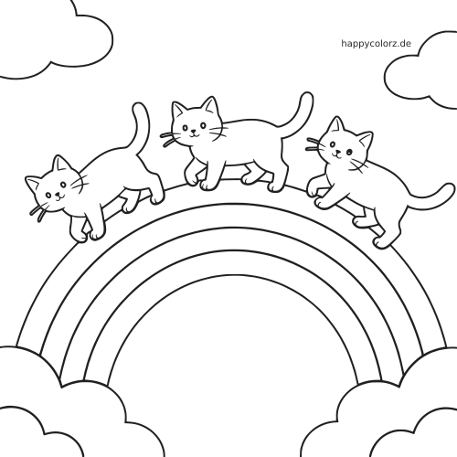 Drei Katzen laufen auf einer Regenbogenbrücke zwischen großen Wolken in einer einfachen schwarz-weißen Umrisszeichnung.