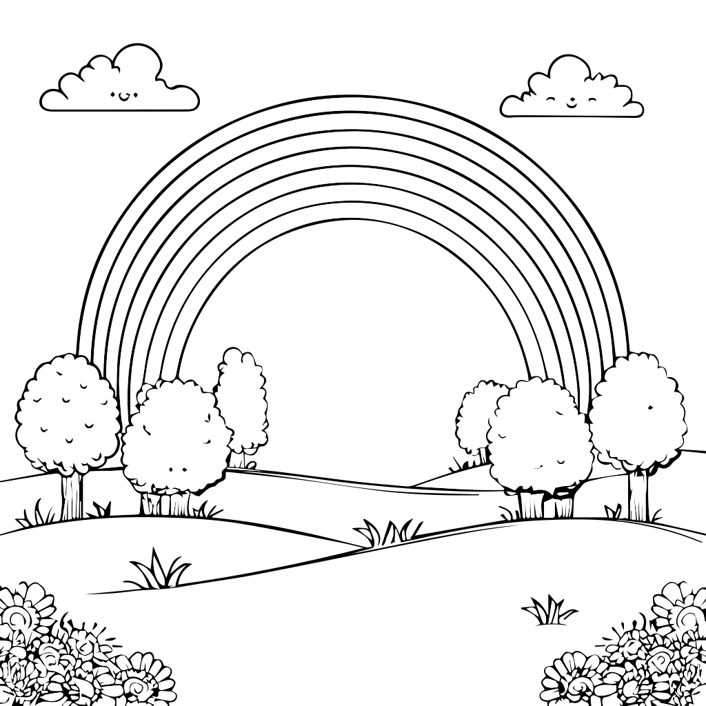 Ein Schwarz-Weiß-Ausmalbild mit einem Regenbogen, Bäumen, Wolken und Blumen in einer malerischen Landschaft.