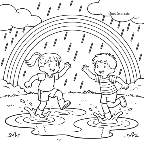 Schwarz-weiße Linienzeichnung von zwei Kindern, die im Regen in Pfützen springen, unter einem großen Regenbogen und Wolken.