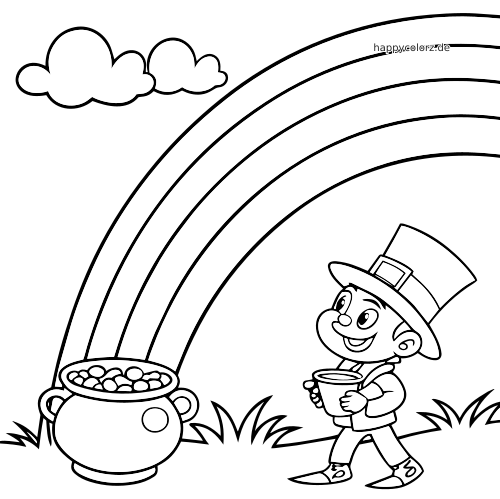 Ein laufender Kobold mit Hut und Becher steht unter einem großen Regenbogen neben einem Topf voller Goldmünzen.