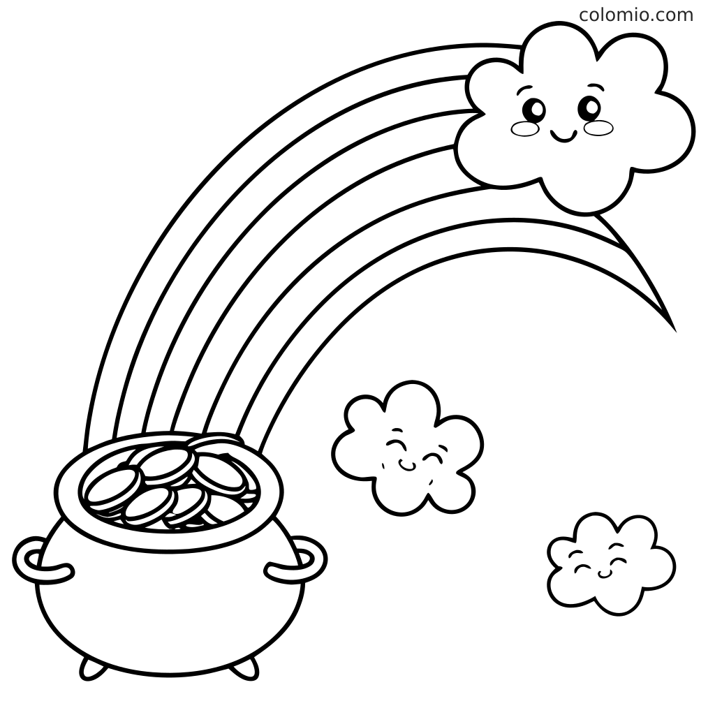 Ein Regenbogen spannt sich von einem Goldtopf zu einer lächelnden Wolke, darunter zwei kleinere Wolken in einer einfachen Strichzeichnung.