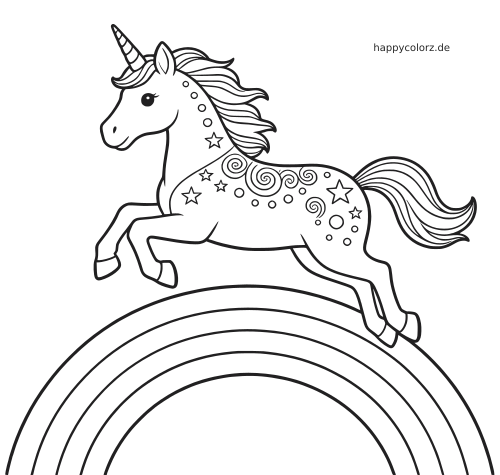 Ein verziertes Einhorn mit Sternen und Spiralmustern auf dem Körper springt in einer schwarz-weißen Umrisszeichnung über einen Regenbogen.