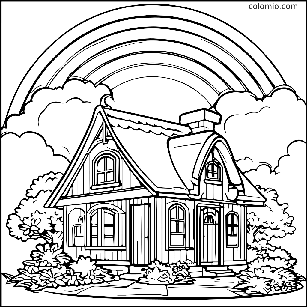 Ein detailliertes Ausmalbild mit einem charmanten Haus unter einem Regenbogen und Wolken, perfekt für Kinder.