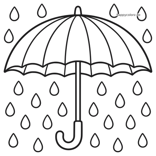 Ein einfacher Regenschirm mit gebogenen Segmenten und vielen großen Regentropfen darum, in dicken schwarzen Umrissen gezeichnet.